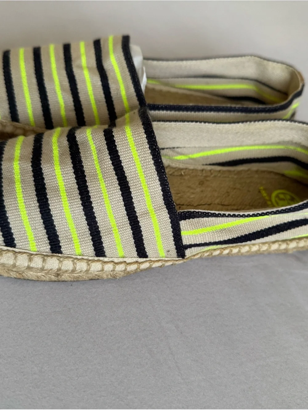 Tory Burch Neutral Canvas Espadrilles with Navy & Neon Yellow Accents